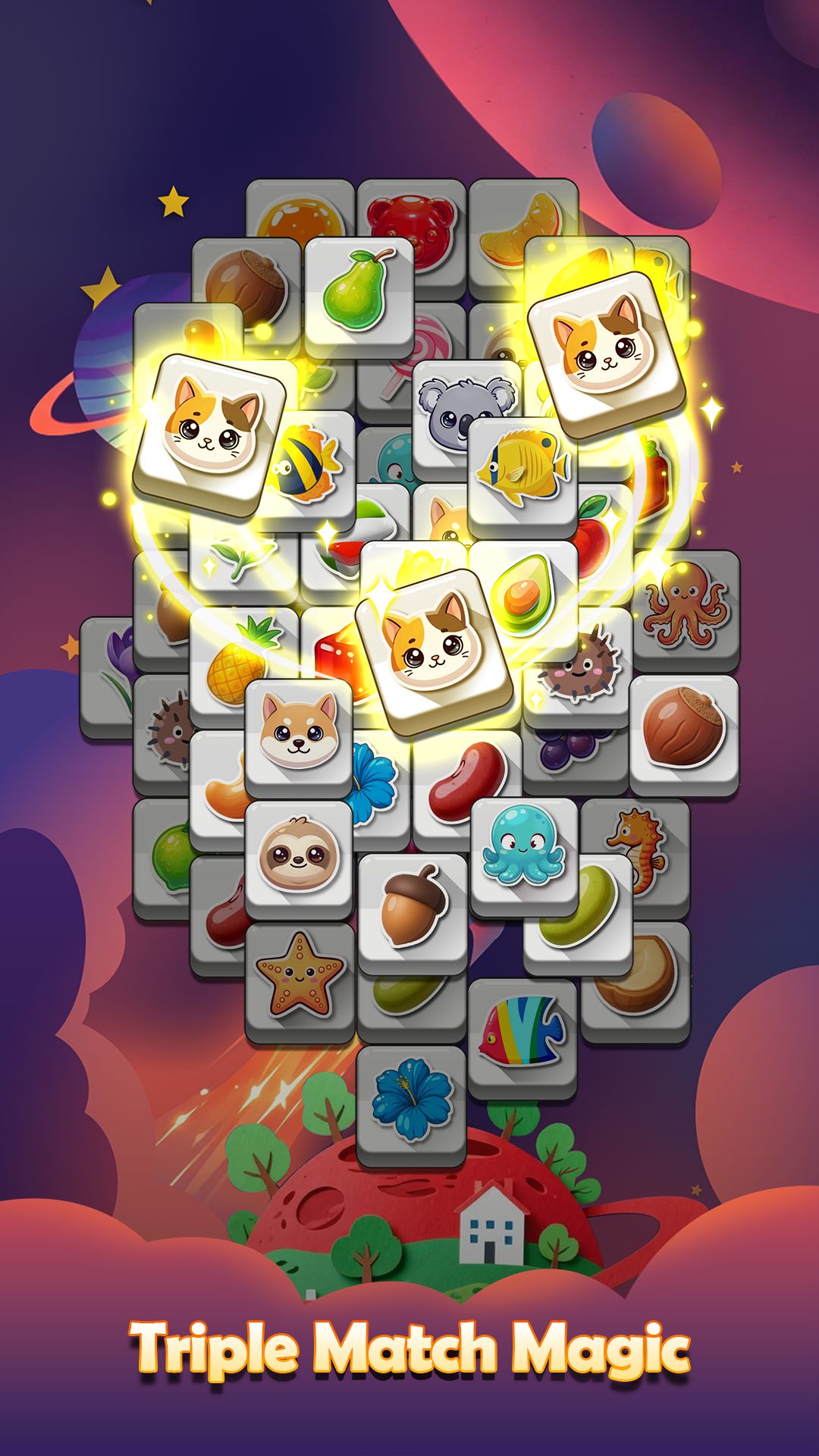 Cat tiles being matched on a space-themed puzzle board