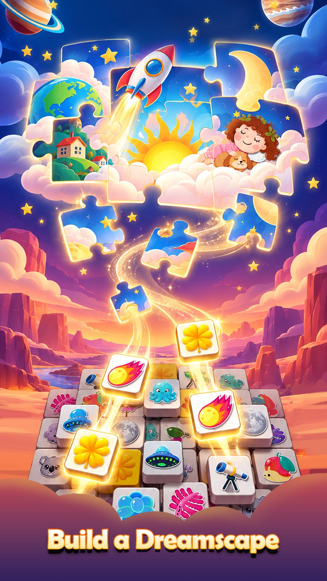 A colorful triple-match board with bright special effects