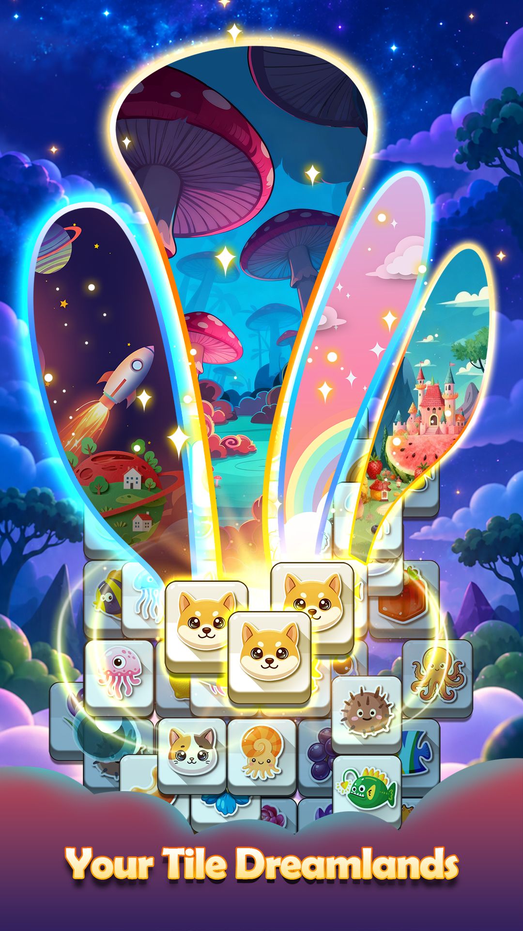A whimsical tile puzzle against a dreamlike backdrop